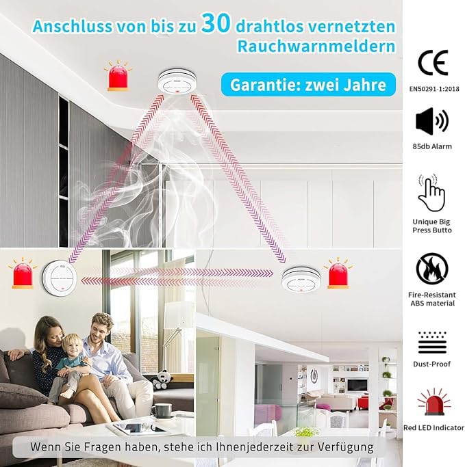 Vernetzter Rauchmelder mit 10 Jahre Batterie, Stummschaltung und Test, Feuermelder vernetzt mit...