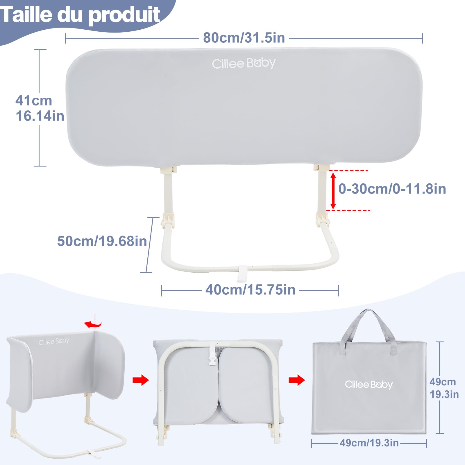 GUUSII HOME Pliable Barriere de Securite Enfant Lit, sans Montage, 80 cm | Réglable en hauteur, Protection Anti-Chute Cododo Bebe Monobloc Portable, Avec Sac de Voyage, Housse Zippée Amovible Lavable