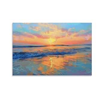 港の夕日　夏風景油絵　アクリル　インテリア飾り 港の夕日夏風景油絵アクリル