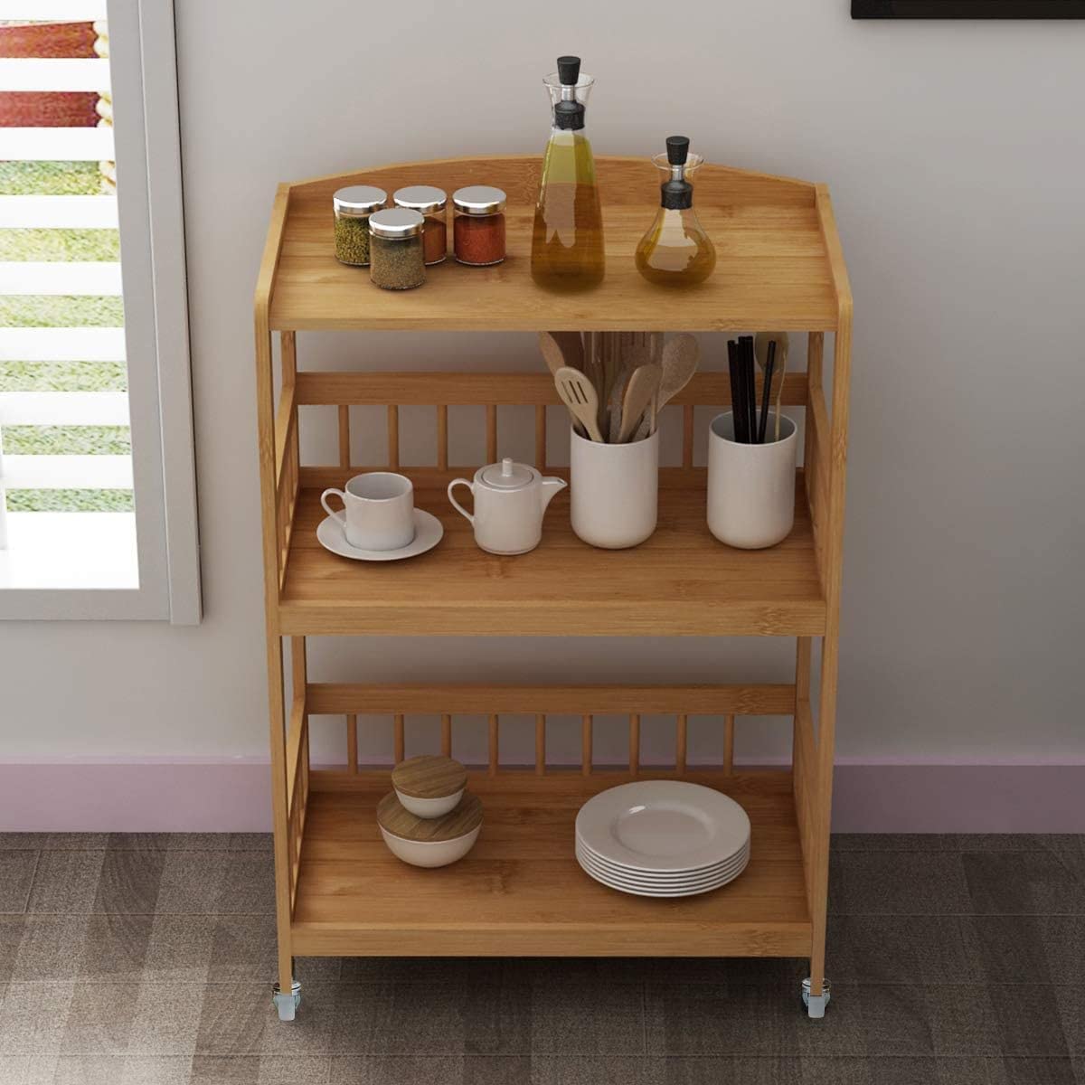 SogesPower Chariot de Service Meuble de Rangement à 4 Étages en Bambou avec roulettes pour Cuisine