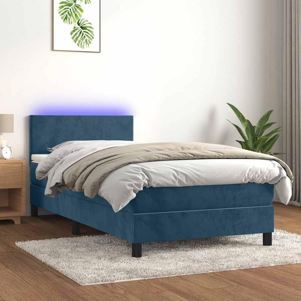 Velours Doux avec Matelas et LED Bleu foncé 90x190cm