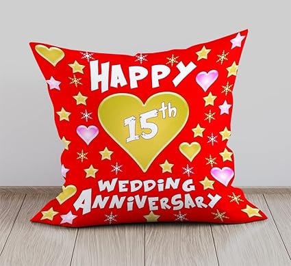 DreamVio Happy 15th Anniversary Cushion, Gift Cushion for Husband, Wife,Couples, Friends on Birthdays & Anniversaries Color : Red (12 x 12 inch)