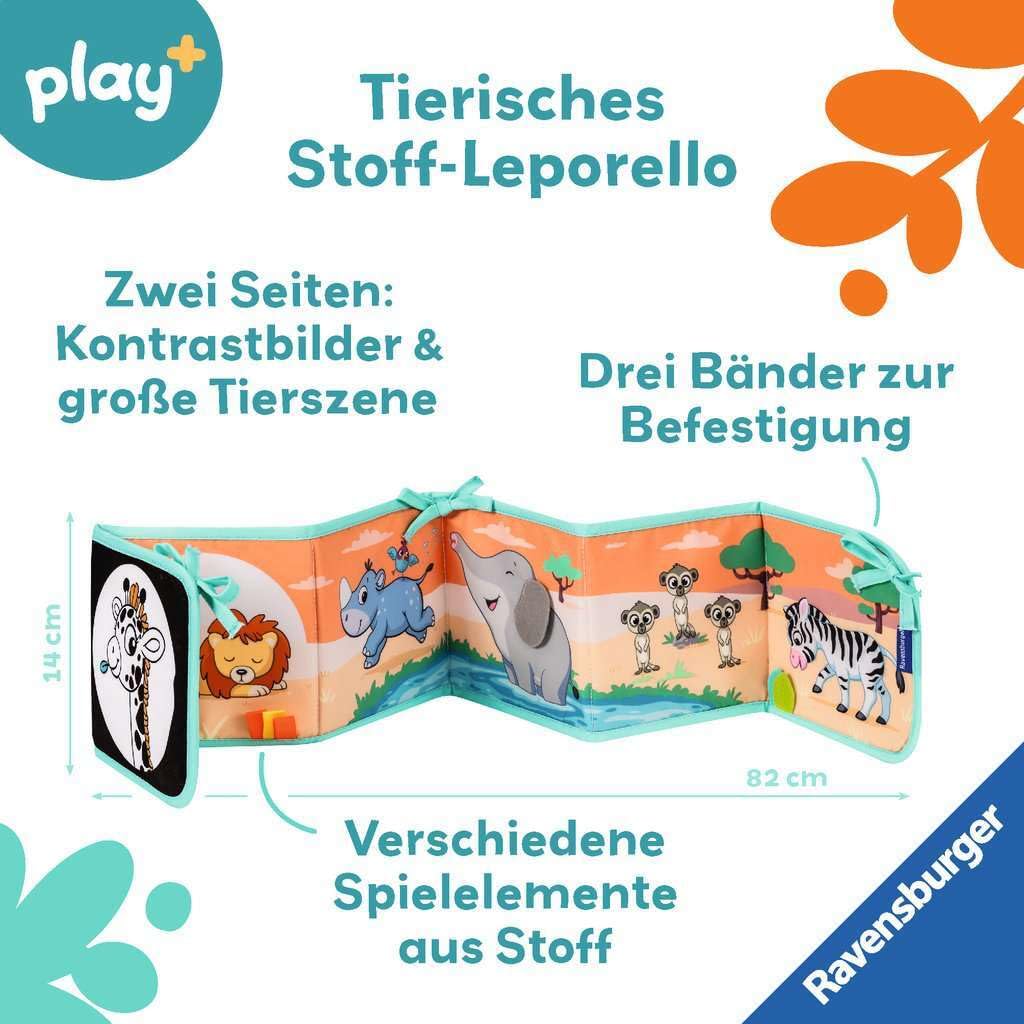 Ravensburger 4856 Play+ Mein allererstes Stoffbuch: Wild Tiere, Leporello für die Bauchlage, Stoffbuch, Kuschelbuch, Babybett Umrandung, Nestchen