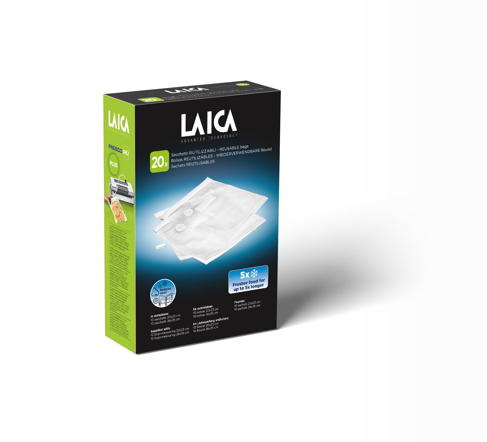 Laica VT3522 Wiederverwendbare Vakuumbeutel für Lebensmittel, Packung mit 10 Beuteln im Format 20 x 23 cm und 10 Beutel im Format 26 x 35 cm