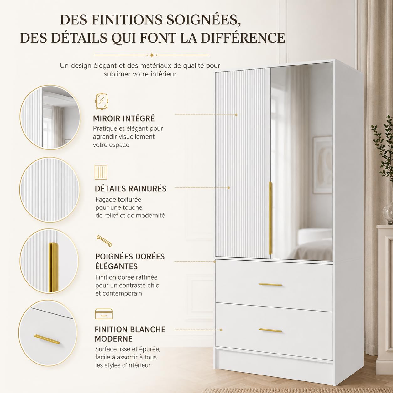 Armadio bianco con specchio, armadio per camera da letto con anta scanalata, 2 cassetti e maniglie dorate, guardaroba per camera da letto, 76 x 48 x 170 cm