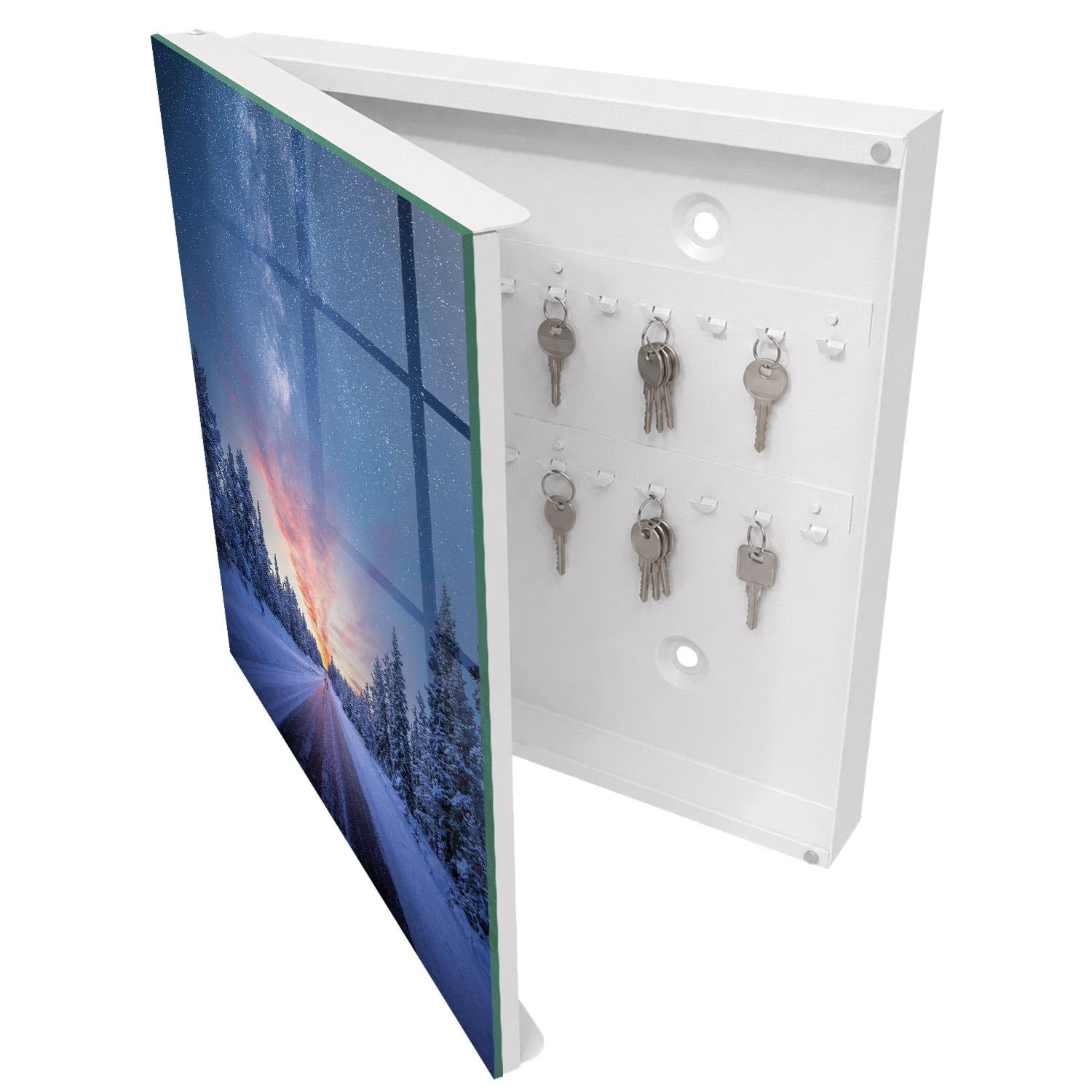 Armadietto Portachiavi 30x30 cm | Bianco | A Sinistra | Montaggio a Parete | Stelle sopra la strada | Tasselli e Viti Inclusi | in Metallo | per Uffici | Frontale Decorativo in Vetro Temperato