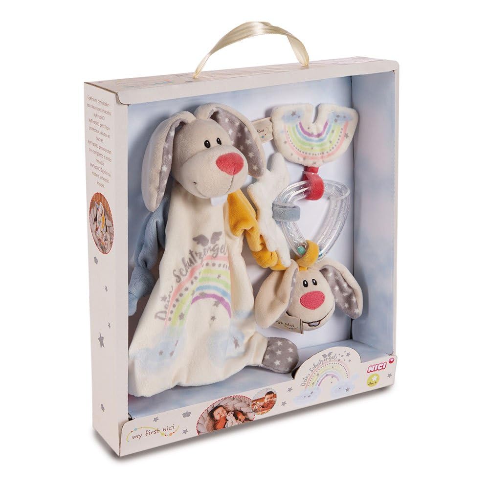 NICI Zestaw chusty do przytulania i gryzaka z zającem anioł stróż 32 x 30 x 6,3 cm – zestaw upominkowy dla niemowląt od 0 miesięcy, pierwsze wyposażenie dla noworodków, dziewcząt i chłopców, 48678,