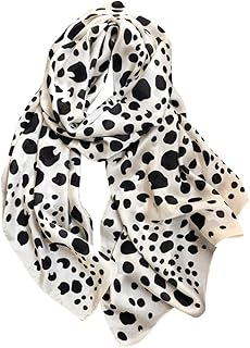 シルク スカーフ レディース 春秋 白黒 水玉 牛柄 ロング シルク スカーフ ショール 夏 日焼け止め (ホワイト 180*65cm)