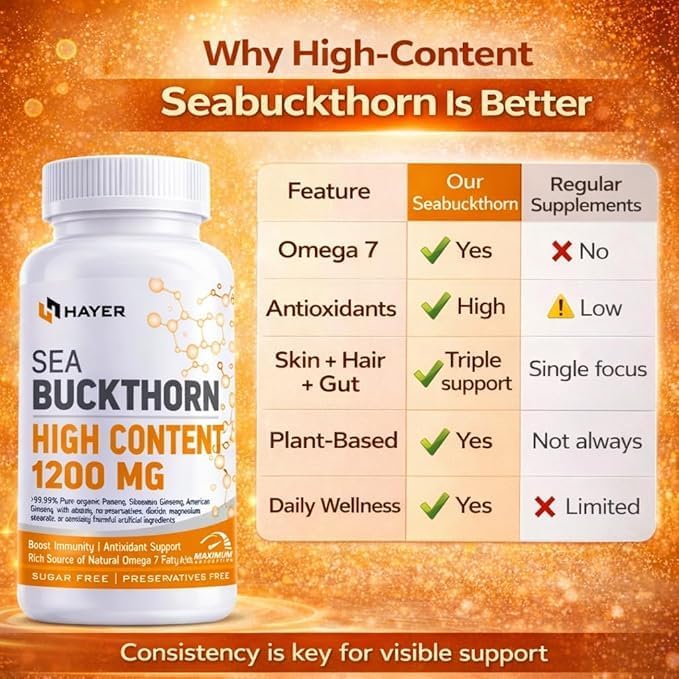 Image of Hayer Sea Buckthorn Seabuckthorn, Help boost Omega 3,6,7,9 Levels 99% High Strength Sea Buckthorn Supplement 120 Tablets