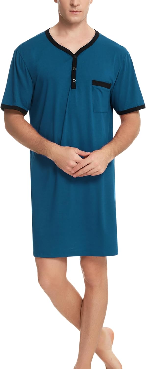 Men Short Sleeve Nightshirt Knee Length Nightgown Cotton Sleep Shirt Lounge Wear - Image 4