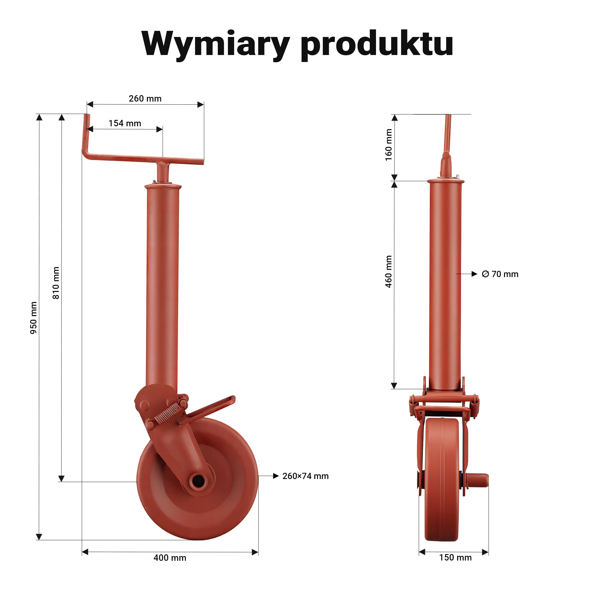 Wiltec Półautomatyczne koło podporowe do przyczepy do 1000kg z kołem ze stali Q238 np. do traktora