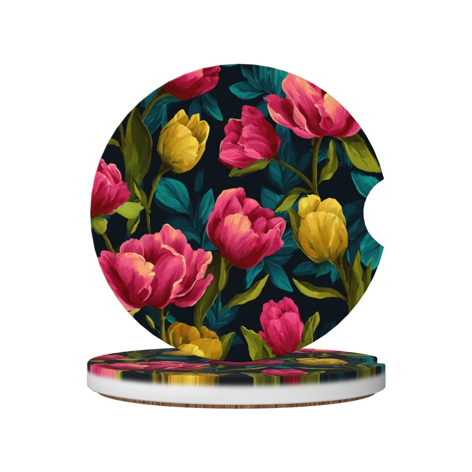 Tulip Flowers Yellow Roses Ceramic Coasters,2pcs