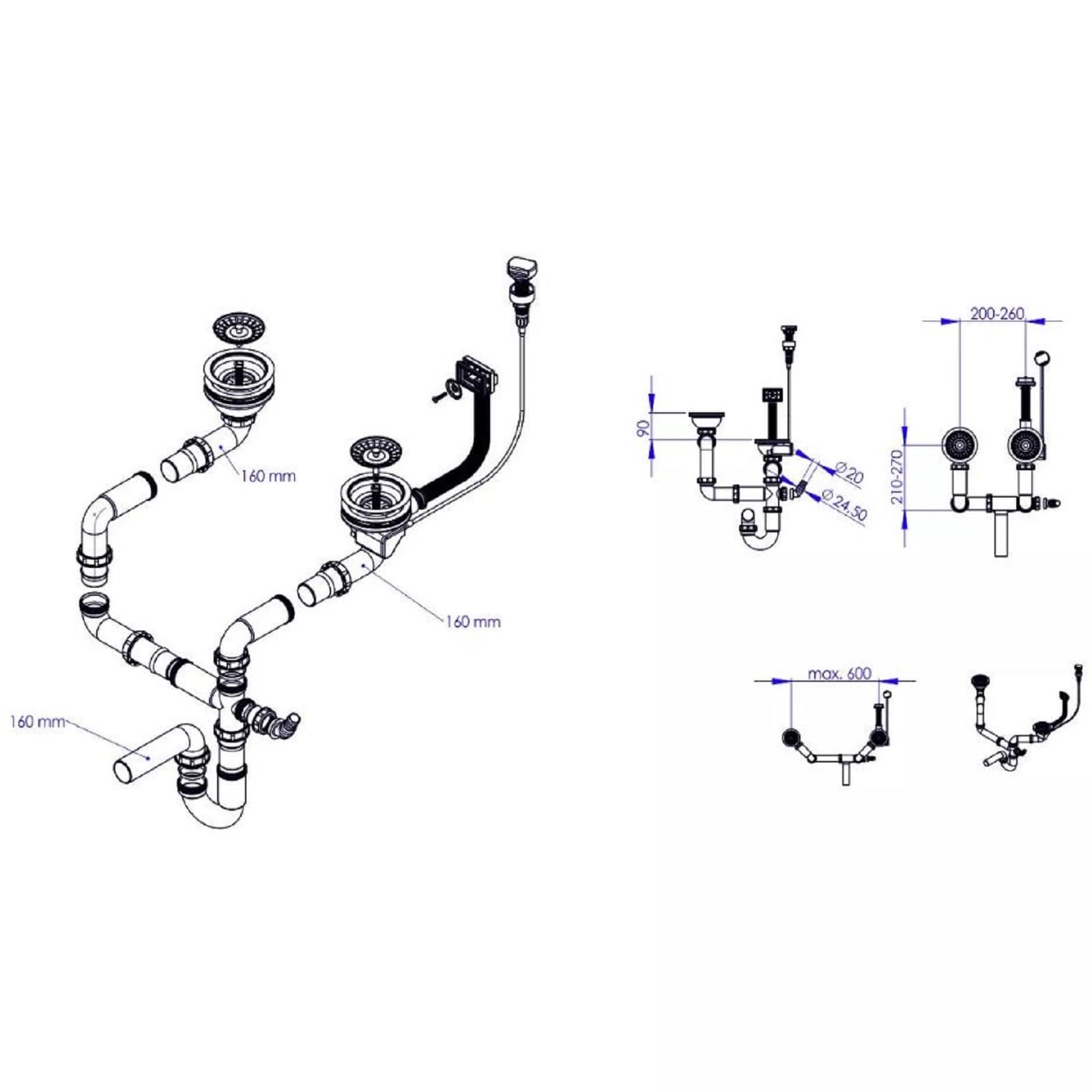 QLS Sifone manuale compatto 3 1/2" per lavello cromato | Struttura salvaspazio in PVC e inox, attacchi per lavastoviglie e lavatrice, con kit e guarnizioni