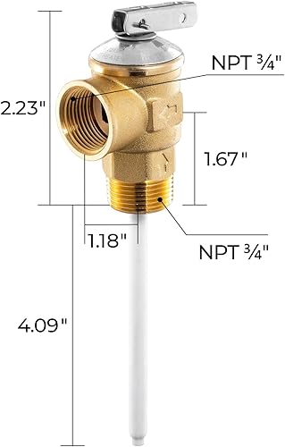 Miniatura 2 de FOGATTI Válvula de alivio de temperatura y presión 34" NPT roscada, 210F 150PSI con sonda de 4" para calentadores de agua y tanques de