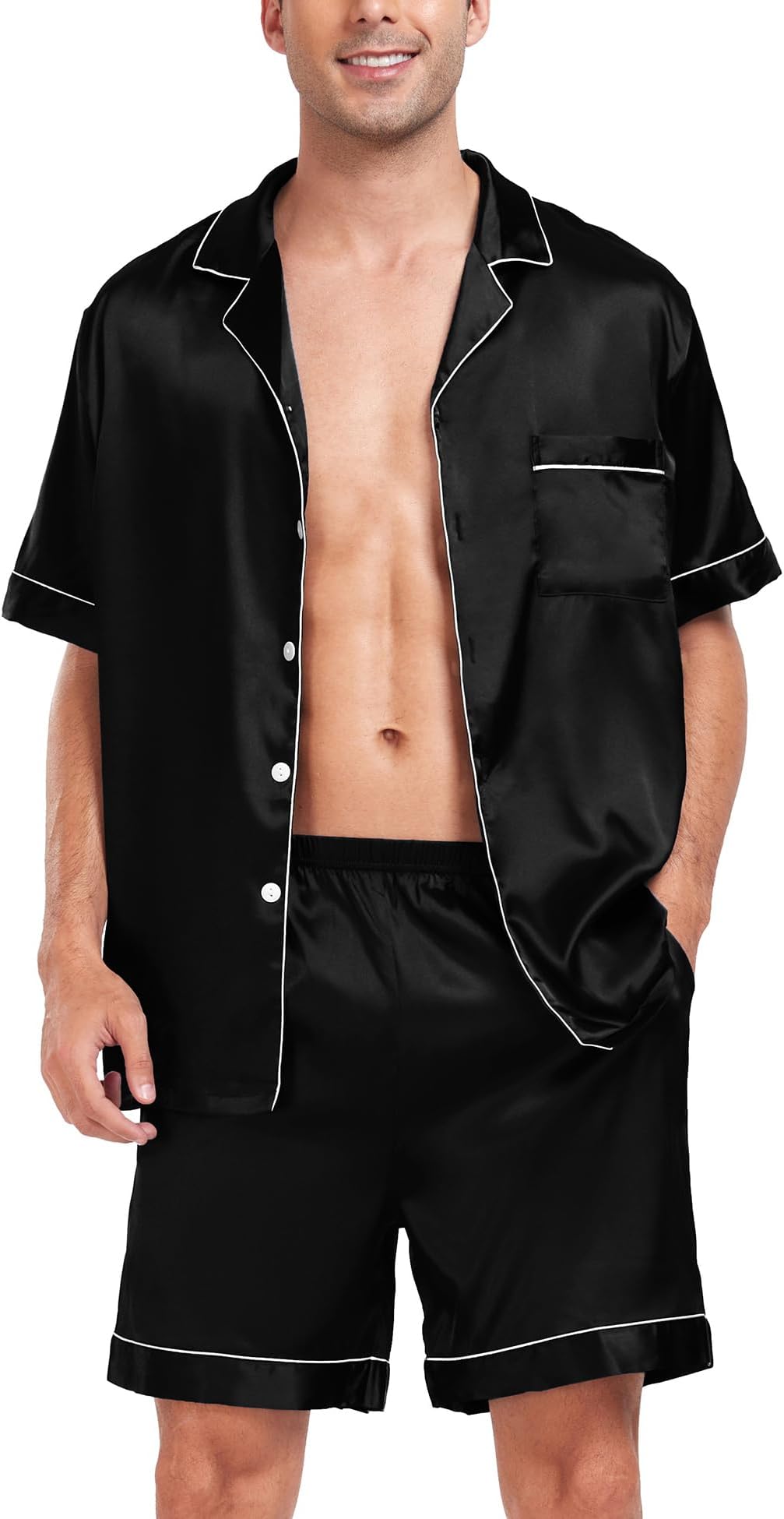 Men Satin Silk Pajamas Sets Short Sleeve Sleepwear Button-Down PJs Sets Two-Pieces Loungewear with Pockets