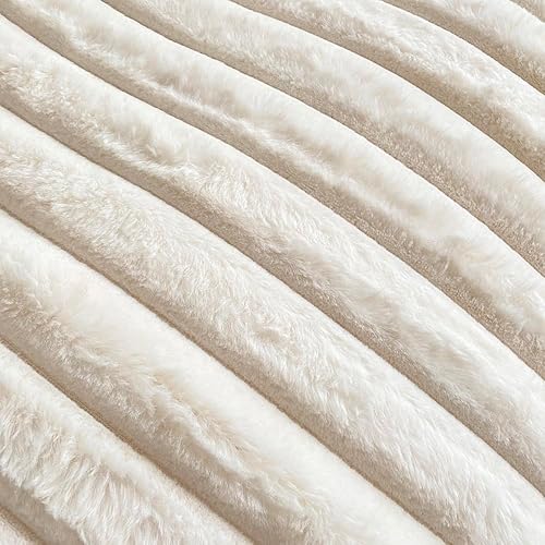 Miniatura 6 de chovy Juego de edredón de felpa de pelo blanco a rayas de conejo sintético, tamaño individual, ultra suave, lanudo de franela aterciopelada,