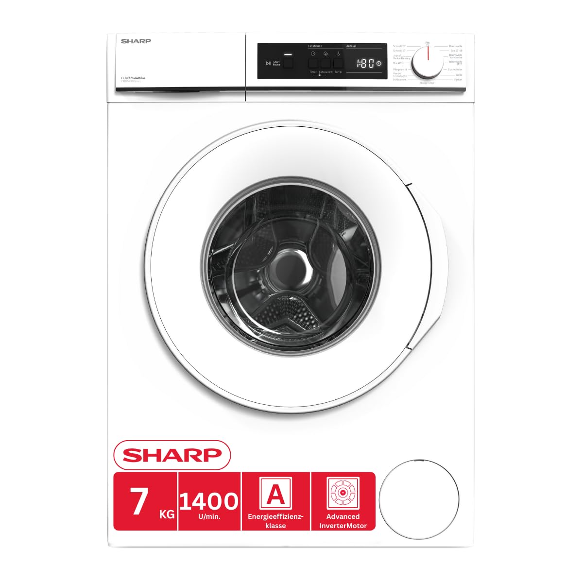 SHARP ES-NFA714WWNNA-DE Waschmaschine (7 kg, EEK A, 1400 U/min.), (Inverter Motor, AquaStop), Weiß