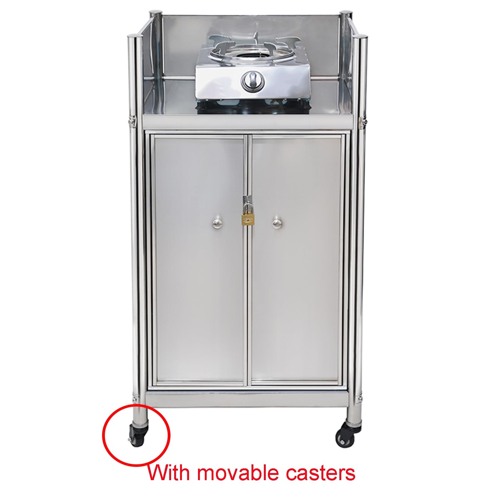 Banco de trabajo móvil de acero inoxidable con almacenamiento con cerradura, cobertura de 3 lados, isla de cocina versátil con ruedas, diseño resistente para uso doméstico y profesional