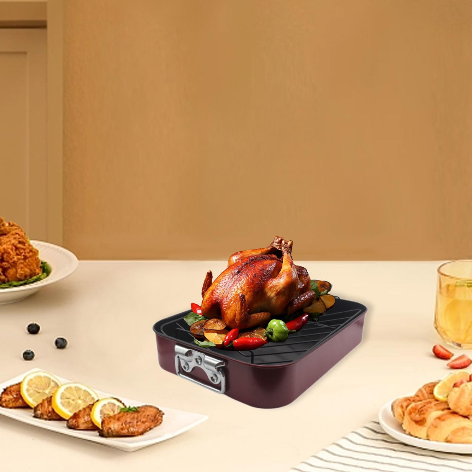 Bandeja para Asar Pavo, Bandeja para Hornear con Rejilla en, Utensilios para Hornear con Asas, Bandeja para Asar Pollo para Hornear.