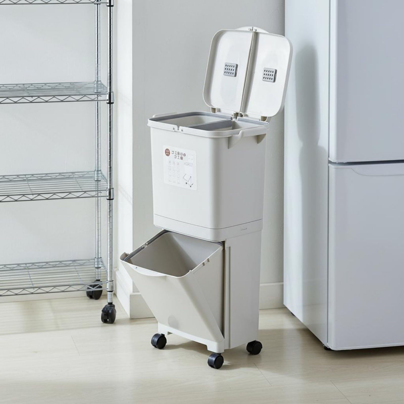 Küchen Abfalleimer Mülleimer Recyclingbehälter mit Platzsparendem Doppelschacht System Sortierung für Recycling Pedalbedienung Universalrollen Deckel, color to 3, Jp D-Behälter S-Deckel