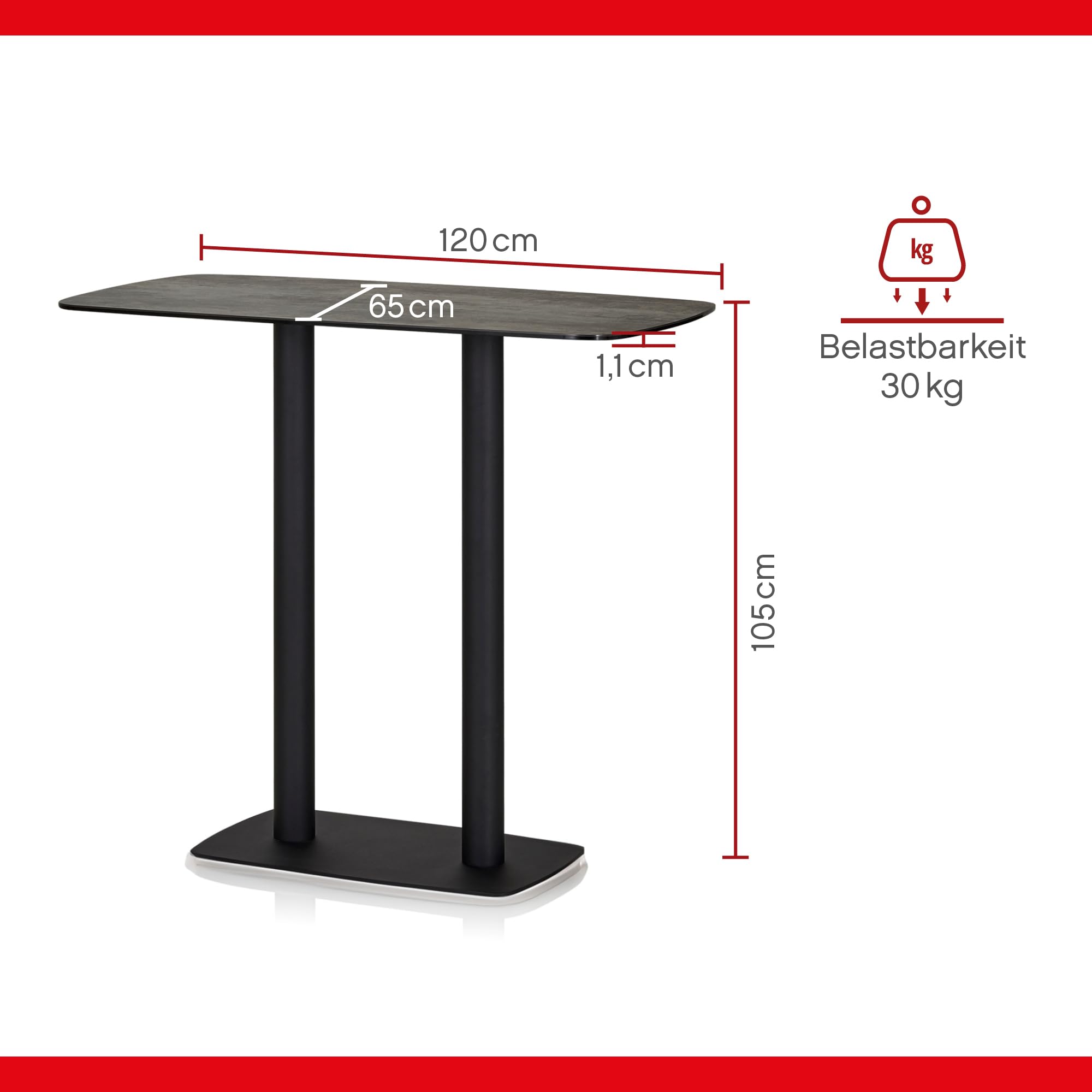 UNO Bartisch 120 x 65 x 105 cm Keramik Tischplatte Schwarz, Küchentisch, Küchentresen, rechteckiger Stehtisch, Säulengestell Eisen, UV Beständig, Fleckenresistent, pflegeleicht