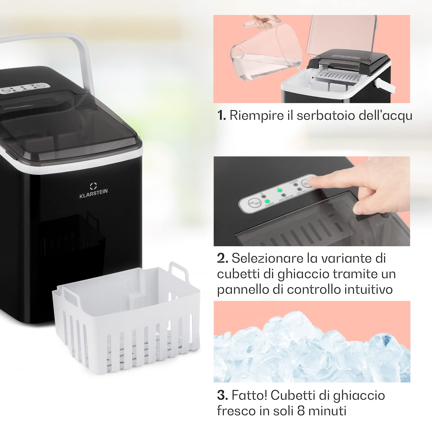 Klarstein Macchina Ghiaccio 2L, Macchina del Ghiaccio Professionale, Fabbricatore Ghiaccio Secco Alimentare 12kg, Cubetti di Grandi Piccole Dimensioni, Macchina Ghiaccio Casa Autopulente Cocktail