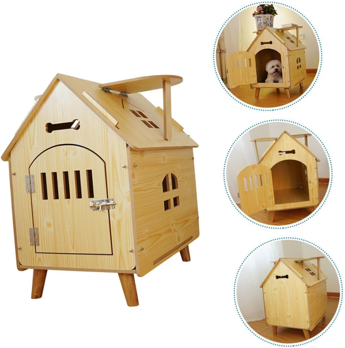 Cabilock Wooden Dog House Medium Outdoor Pet Shelter with Raised Floor and Protective Fence for Puppies and Dogs
