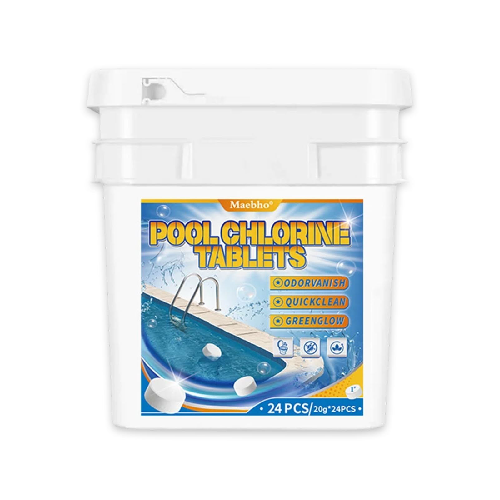 Multifunctional Chlorine Tablets for Hot Tub and Swimming Pool, Slow-Dissolving Long-Lasting Chlorinating Chemical Tabs for Swimming Pool & Spa (Algaecide & Stabiliser & Clarifier) (24 x 20g)