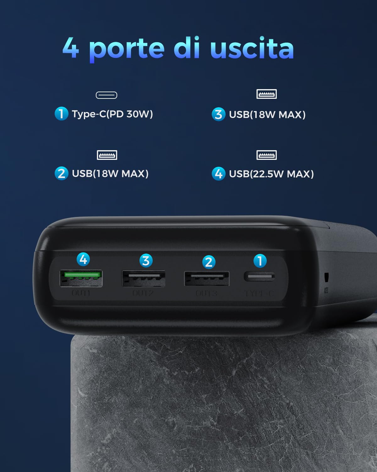 Power Bank 60000mah Caricatore Portatile | PD3.0 QC3.0 Ricarica Rapida, Ingresso e Uscita USB-C, 4 Uscite e 2 Ingressi, Batteria Esterna per iPhone e Altro