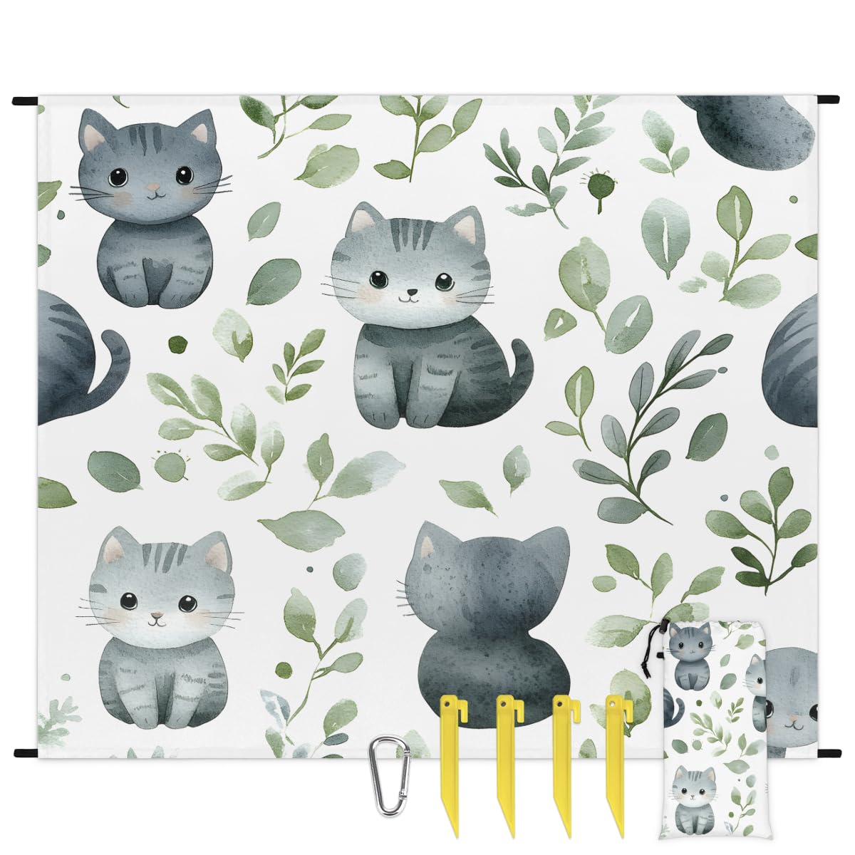 Eabrults Waterproof Sandproof Beach Blanket, 59''×68'' Leafy Cat Polyester Outdoor Picnic Blanket with 4 Stakes & Storage Bag for Beach,Camping,Vacation White