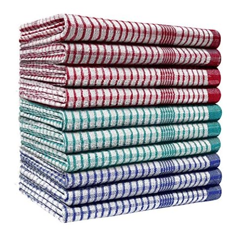 Pack of 10 Heavy Duty (80gm/pc) WonderDry Checked Cotton Kitchen Tea Towels - Absorbent - Durable & Long Lasting - Professional Grade - Lint Free - Fade Resistant - Bar, Catering, Restaurant Cloth- 50 x 70 cm (Assorted) Cover
