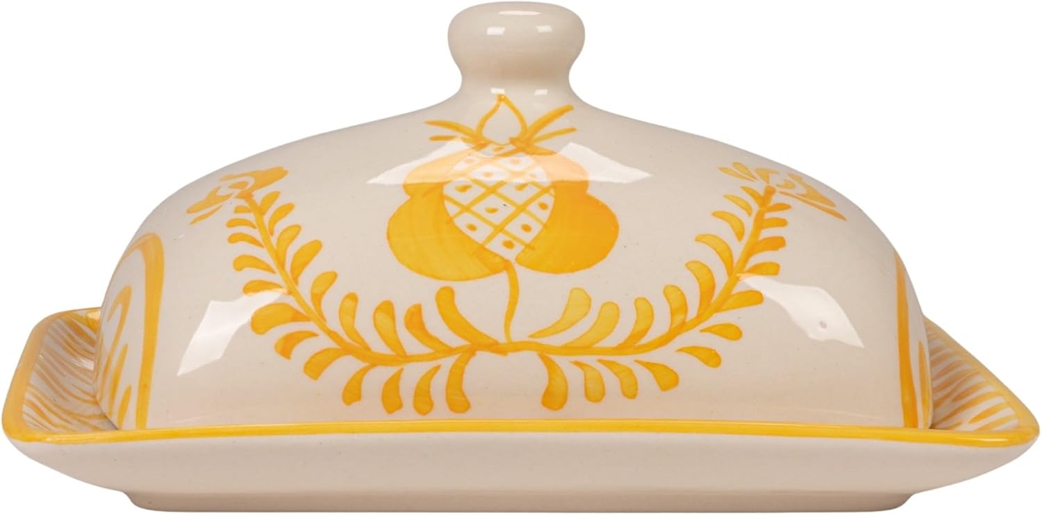 Creative Co-Op Stoneware Butter Dish with Botanical Design, Yellow and White