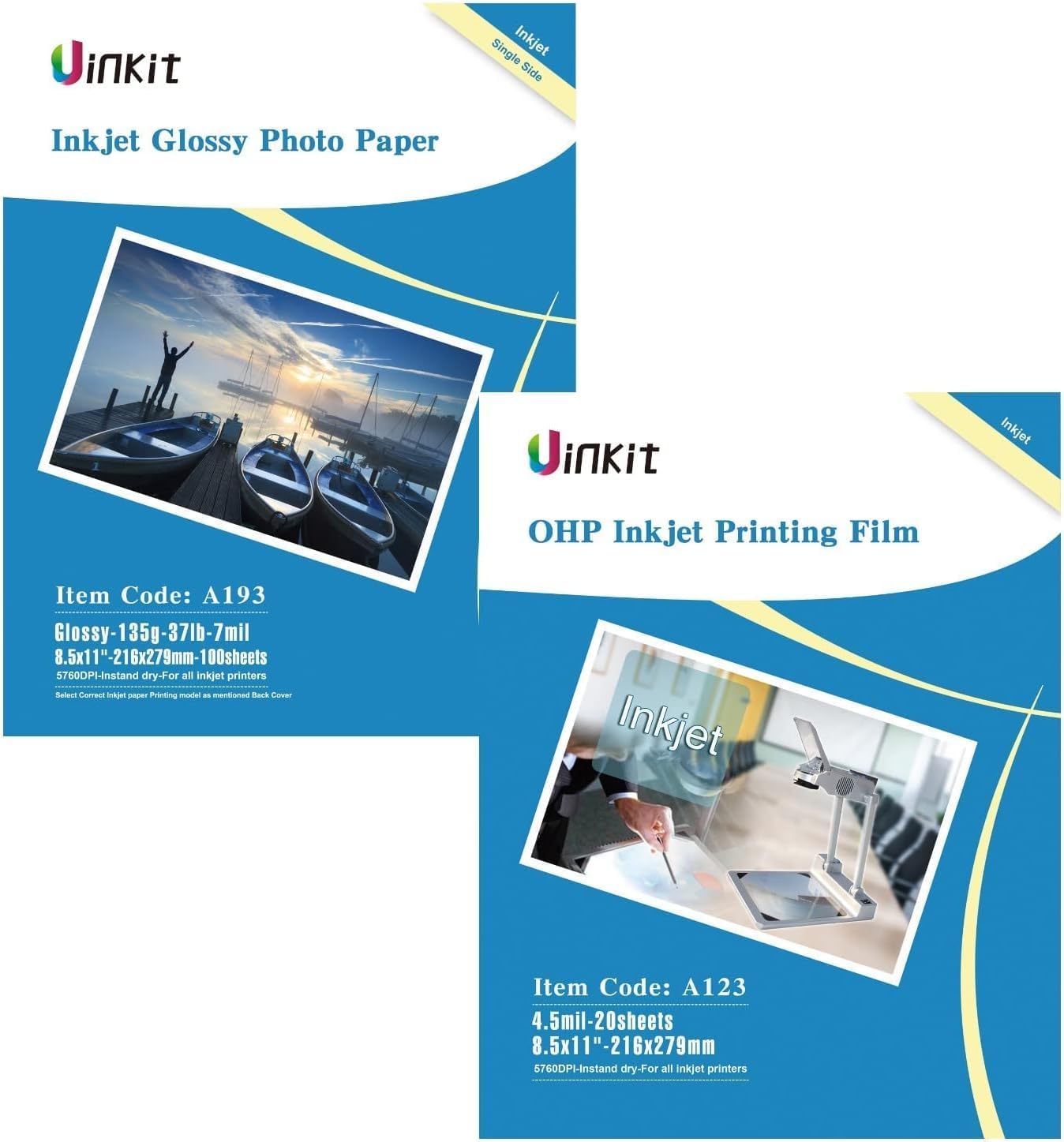 OHP Transparency Film + Glossy Photo Paper - Projector Film single side printing 8.5x11 For Inkjet 20 Sheets Pack+ Glossy Photo Paper 135gsm 8.5X11 100Sheets for Inkjet Printer