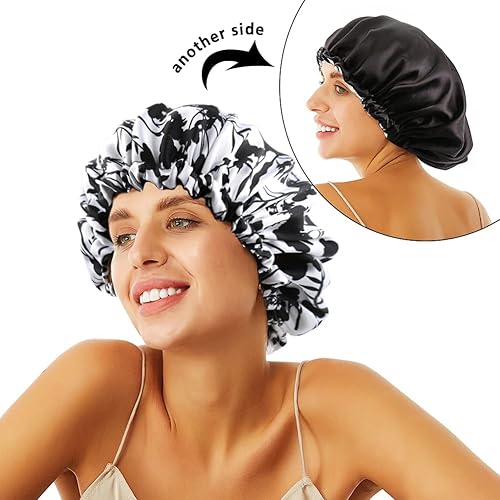 Miniatura 5 de Gorro de dormir de noche sedoso de satén para cabello rizado, ajustable, reversible, doble capa, flora negra