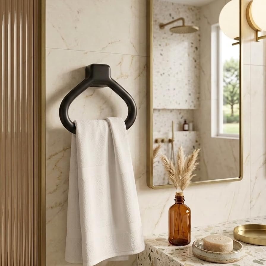 Image of CIPLA PLAST Modern Wall Mounted Towel Ring Holder | Self-Adhesive Towel Ring for Bathroom | Premium Plastic Bathroom Hand Towel Hanger, Durable & Rust-Free, Easy Installation, (Black)