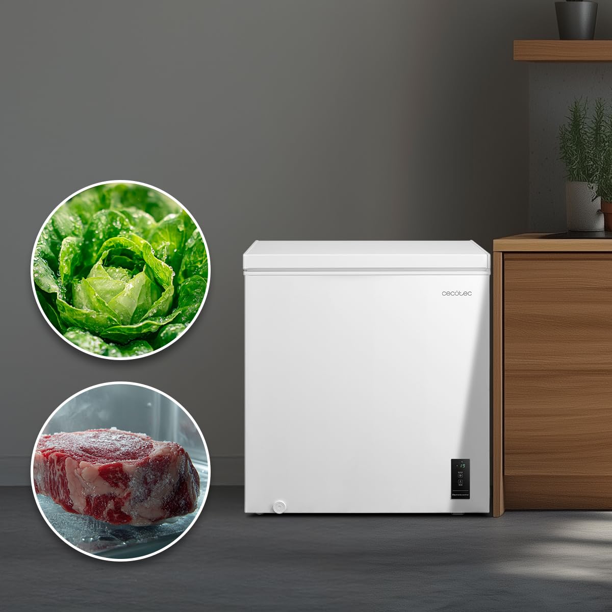 Cecotec Congelatore Orizzontale 198L Bolero CoolMarket Chest 198P White E. Cestello con Maniglie, Controllo Elettronico LED, UltraContact D-Cool, Dual Function, Porta ZeroG (80º-30º), Fast Freezing