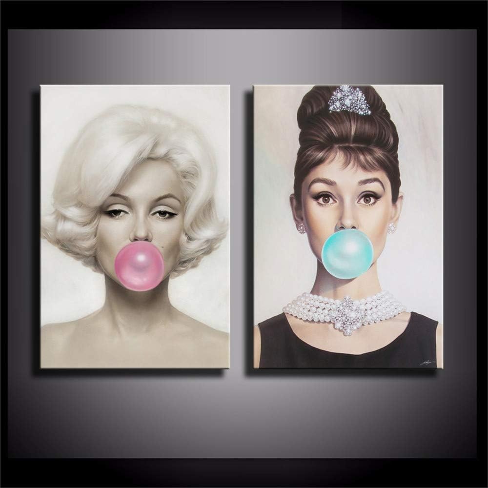 IFUNEW Audrey Hepburn, Bubble Gum,Michael Moebius - Marilyn Monroe 2PCS Wall Art Home Wall Decorations for Bedroom Living Room Oil Paintings Canvas Prints-863 (Unframed)