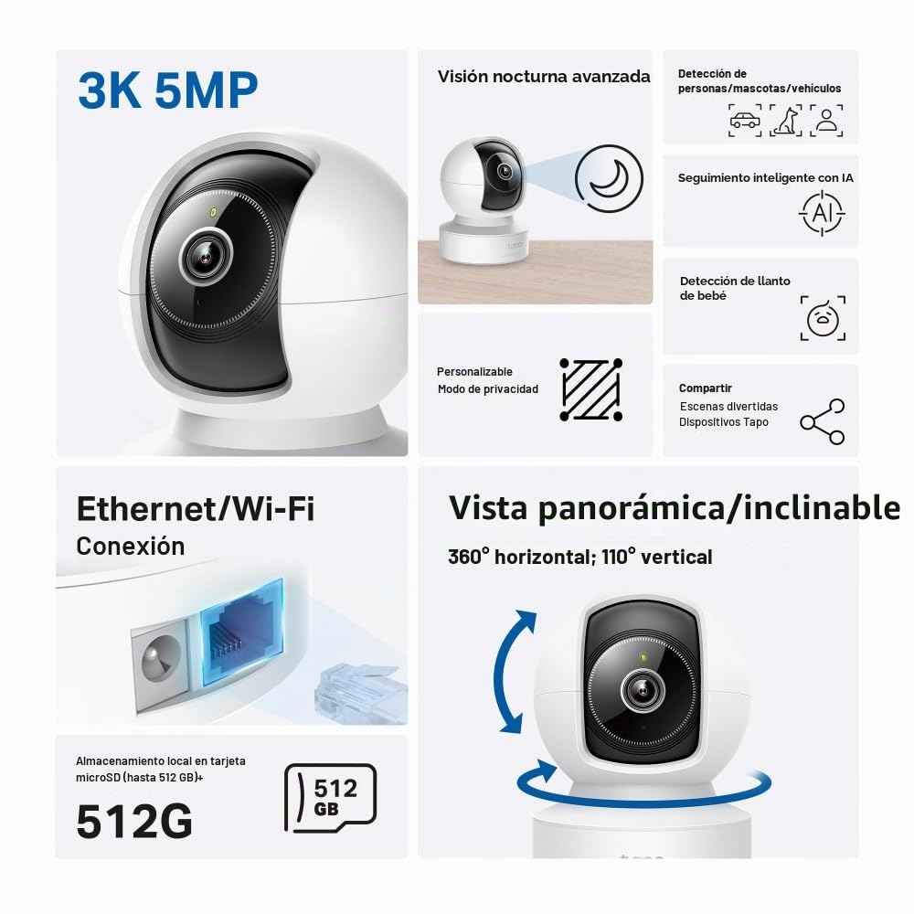 Tapo C232 - Cámara vigilancia WiFi Interior, 3K 5MP, 360°, Puerto Ethernet | Detección de Movimiento y Personas. Visión Nocturna. Alarma Luz y Sonido. Almacenamiento Local o Nube. App Tapo.
