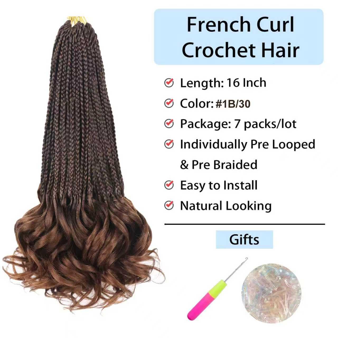 French Curl Crochet Braids for Black Women 16 Inch 7 Packs Crochet Hair with Curly Ends Pre Looped French Curl Braiding Hair for Goddess Box Braids (1B/30)