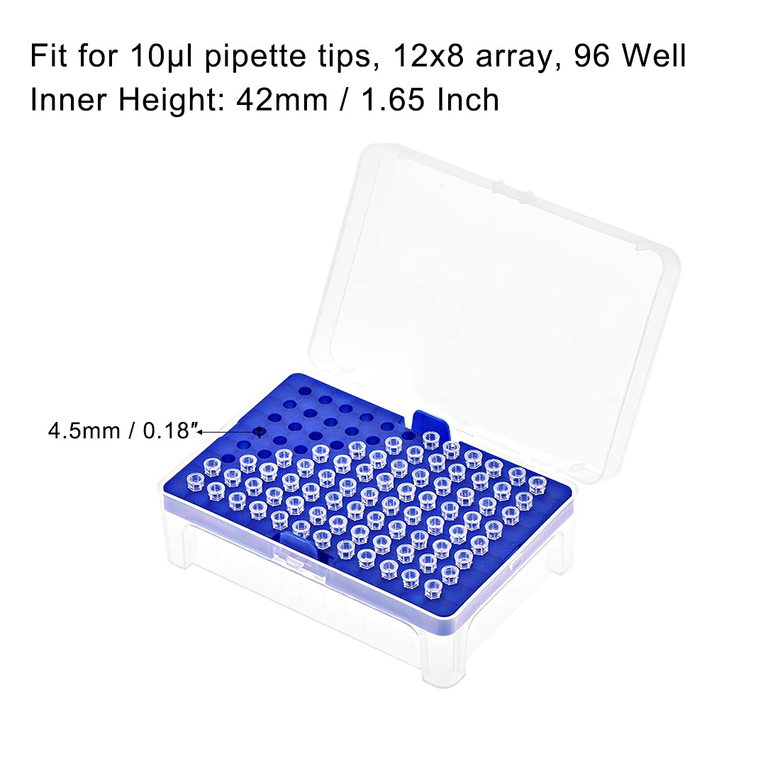 sourcing map Pipetten-Spitzen-Box, 96 Mulden, Polypropylen, für 10 ul-Pipetten, 4,5 mm Lochdurchmesser, blau
