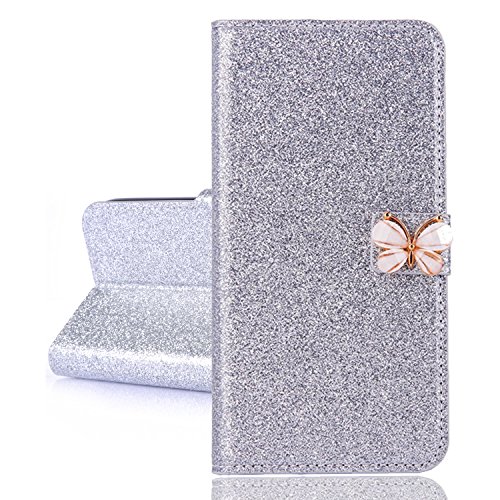BLOTECH Brillantini Custodia for Huawei P8 Lite Cover Bling Glitter Brillantini Brillante Argenteo Shiny Leather Case Shell Wallet Premium PU e Glitter Brillanti 3D Farfalla Strass Cover