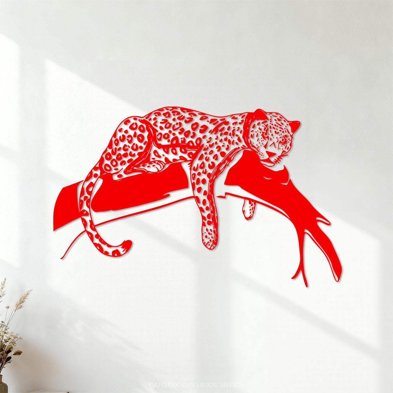 Mural and Wall Vinyl Decal Cartoon Leopard Playing On Tree Kids Jungle Animals Tiger Cat Branch 48x76.7cm Tattoo Culture Red