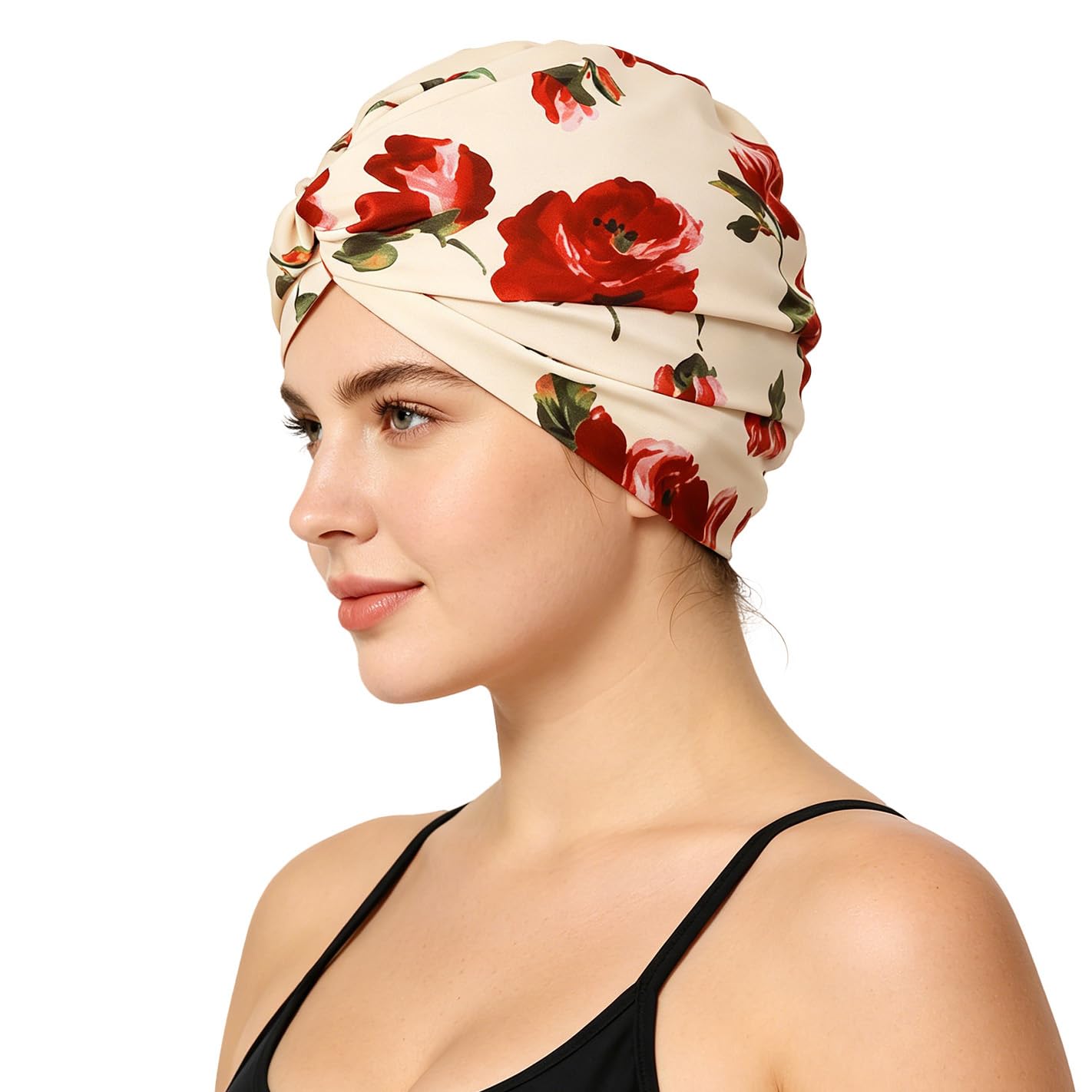 Women Swimming Cap Ear Protection Swim Cap Non-Waterproof Elastic Bathing Shower Hat Pleated Fabric Pool Beach Surfing Water Sports Hair Bonnet Beanie Chemo Sleep Head Wrap Turban for Long Short Hair