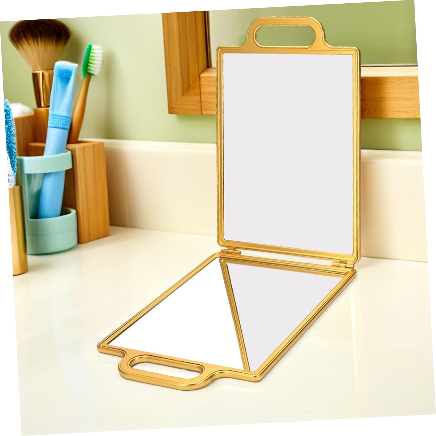 Faltbarer doppelseitiger Friseur Handspiegel Gold mit Ständer Tragbar für Selbsthaarschnitt Ansicht Kompakt Reise Make-up Styling Handtaschenspiegel