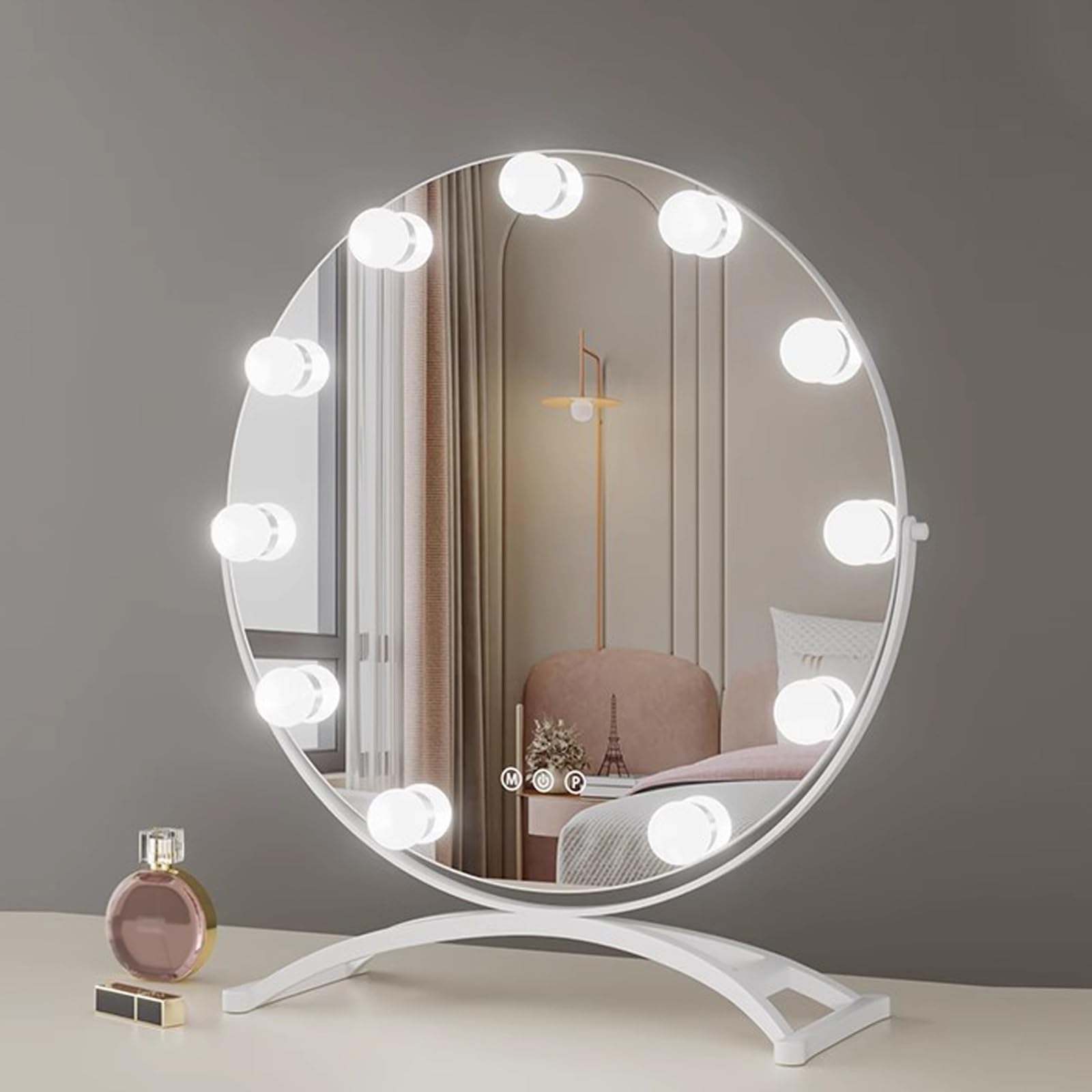 Duże lusterko kosmetyczne ze światłami, okrągłe lusterko do makijażu ze ściemnianym sterowaniem dotykowym, 3 ustawienia kolorów, obrót o 360°, złote wykończenie toaletki i niezbędne akcesoria