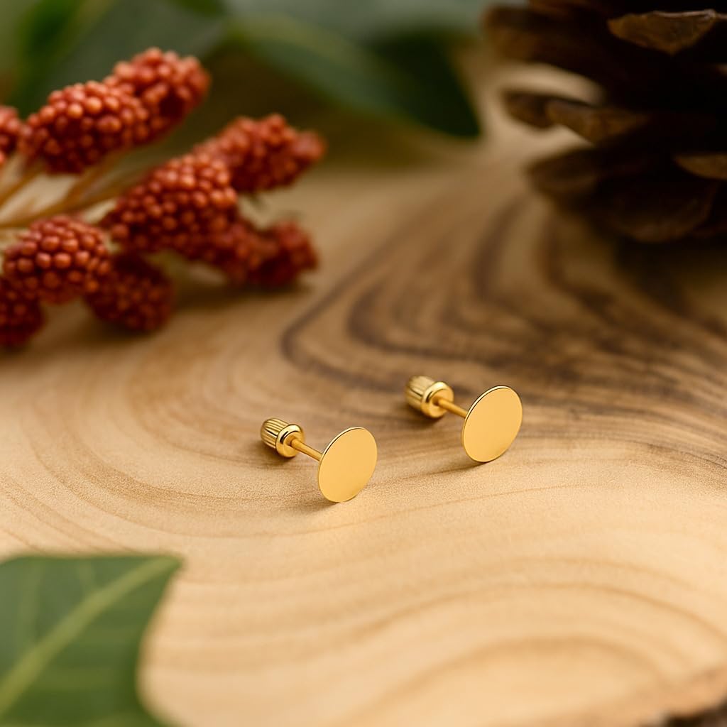 Hoberta Real 14k and 10K solid Yellow Gold Stud Earrings with Screw back for Women And Men for Sensitive ears Small & Minimalist Dot Studs Jewelry for Valentine's Day Gifts