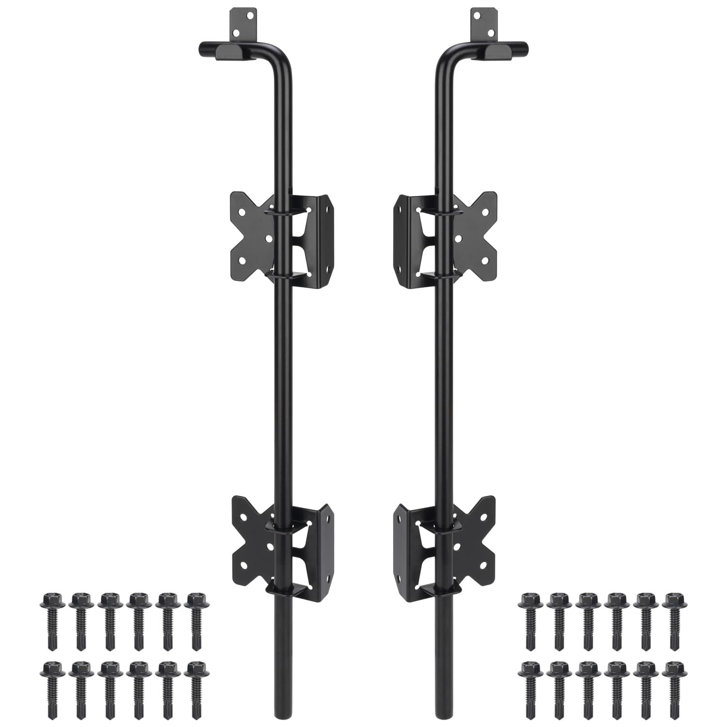 BOODVON Heavy Duty 24 Inch Cane Bolt Gate Drop Rod Gate Stopper Hardware, Wooden Fence Latch for Gates, Metal Gates Doors Stopper for Gate Ground, Wrought Iron Gate Latches, Black Finish, 2 Pack