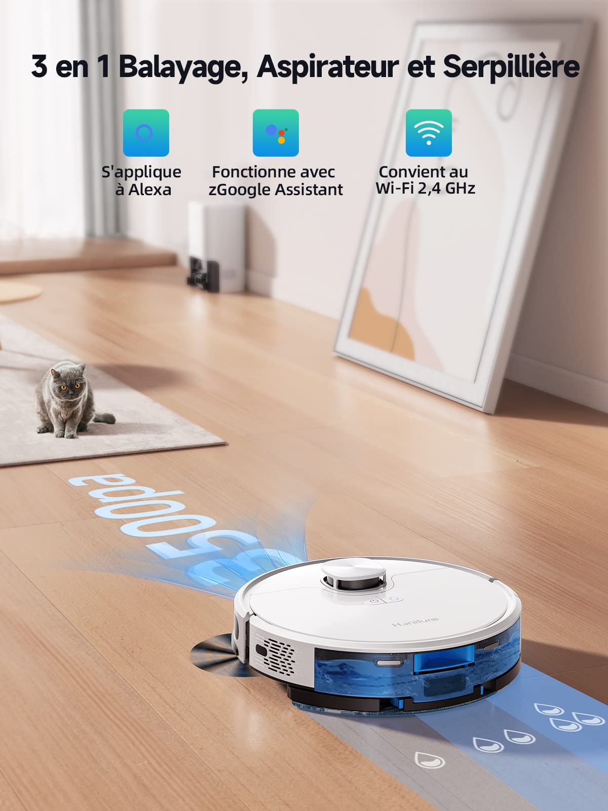 HONITURE Aspirateur Robot Laveur 3500 Pa 3 en 1avec Station de Vidange Automatique, Contrôle WiFi/APP/Alexa, Carte Éditable, Convient pour Les Poils d'animaux, Les Tapis et Les Sols