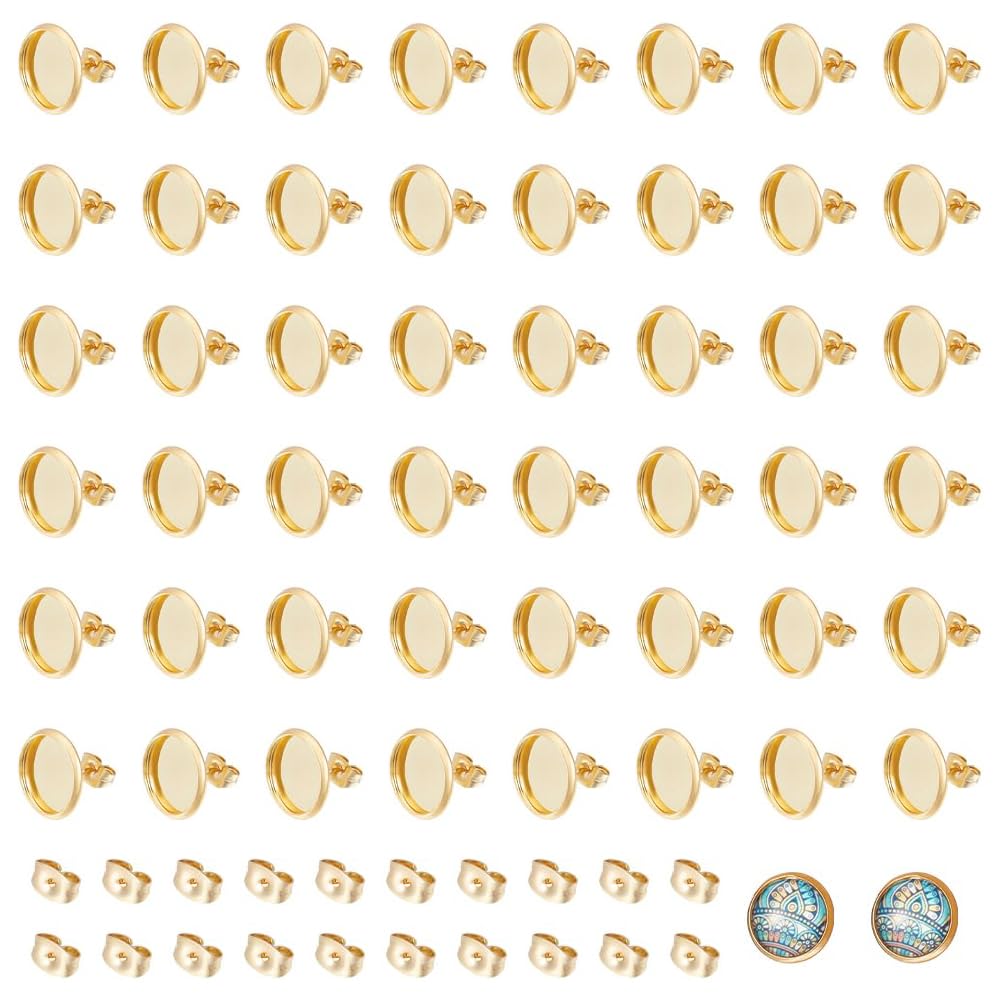 UNICRAFTALE Circa 60pz 18K Placcato Oro Grezzi Orecchini A Perno Cabochon Rotondi Orecchini Castoni Vassoi Perno In Acciaio Inossidabile Risultati A Tazza con Anello e Retro Dell'Orecchino per DIY