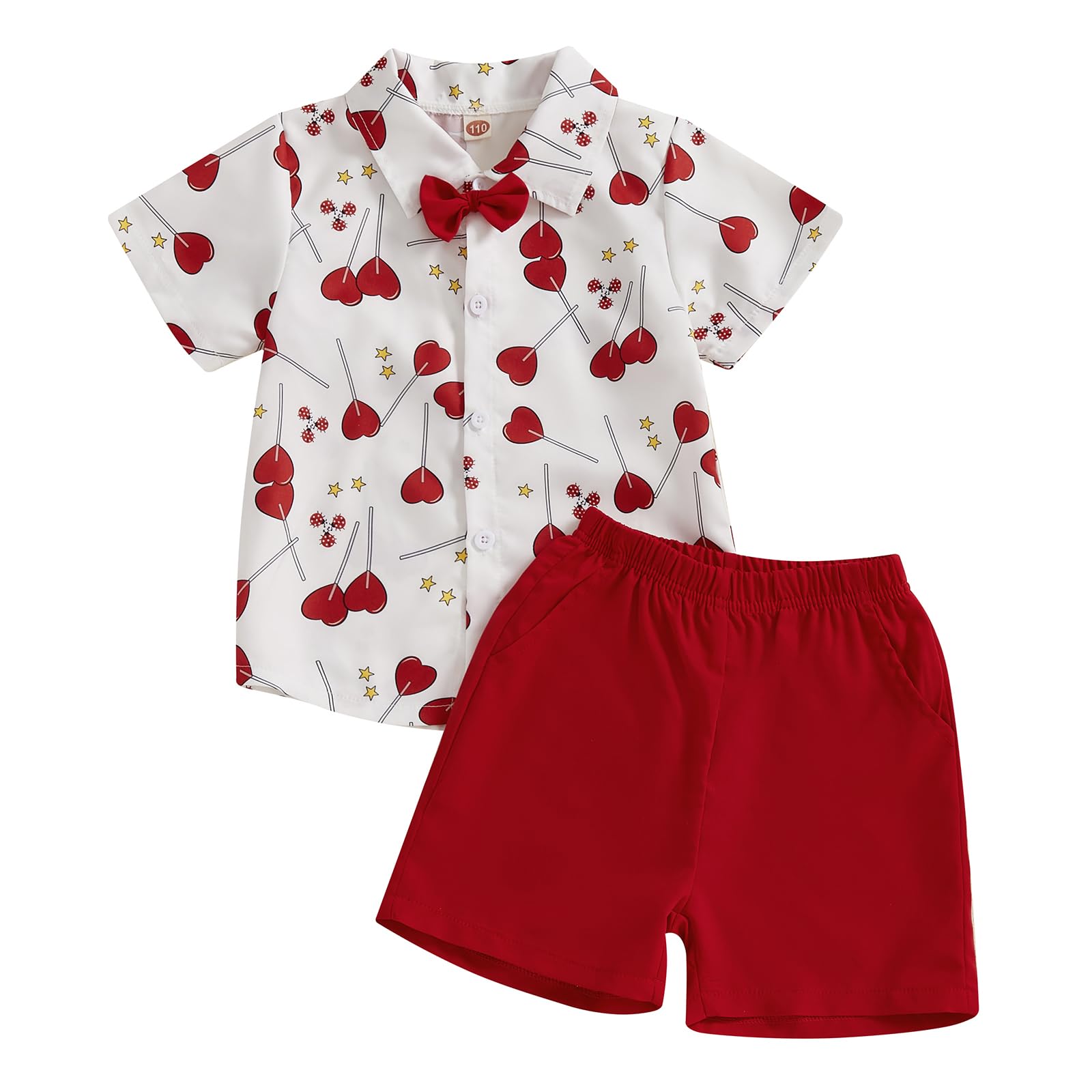 Ayalinggo Toddler Boy Valentines Day Outfit Love Heart Button Up Short Sleeve Bowtie Shirt Pockets Shorts Gentleman Outfits (Red& White, 4-5T)